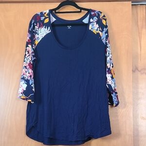a.n.a Navy Top with Floral Sleeves